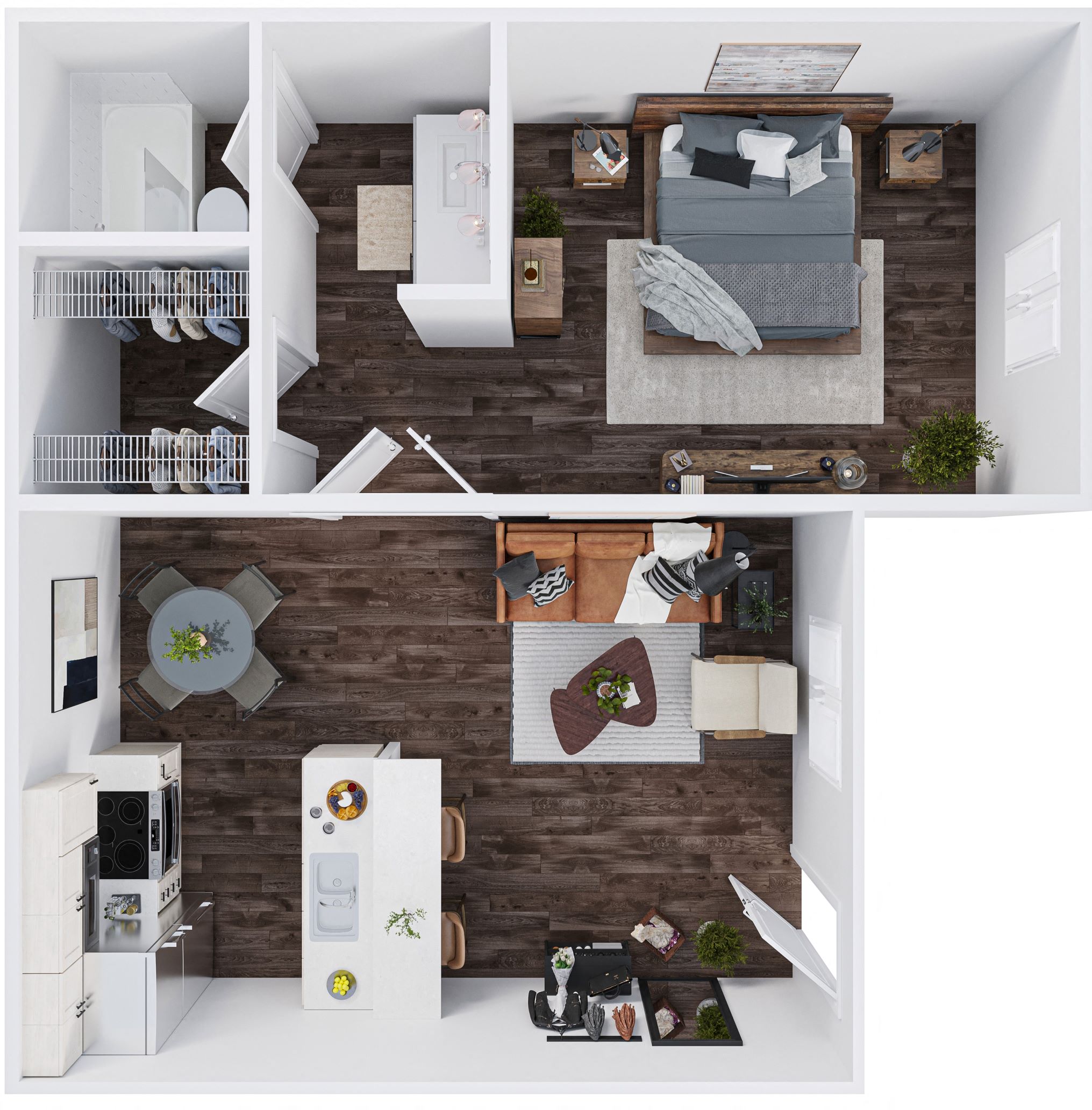 Floor plan for 1 bed, 1 bath, 630 sqft